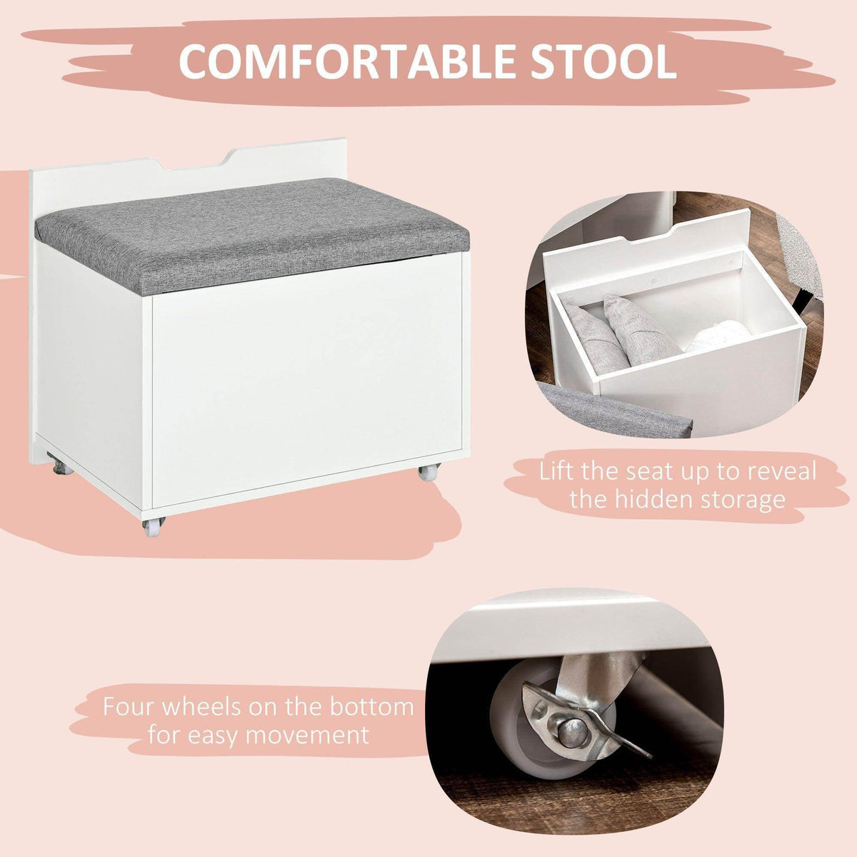 White vanity stool with gray upholstered top and lift-up hidden storage