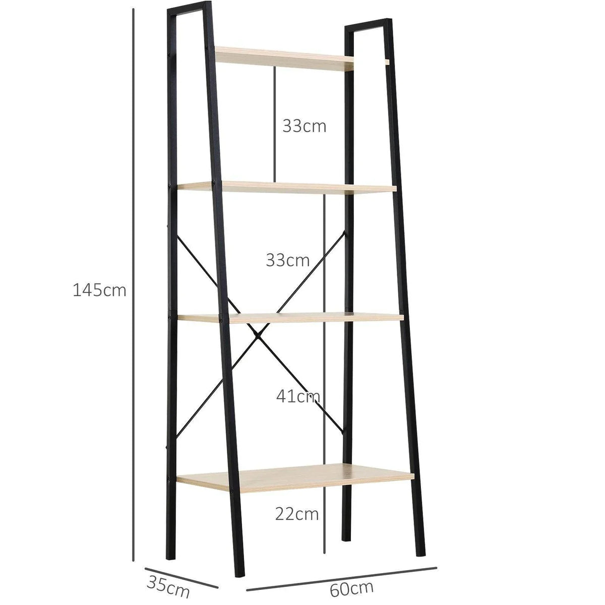 Black 4-tier ladder shelf shown with height and width measurements.