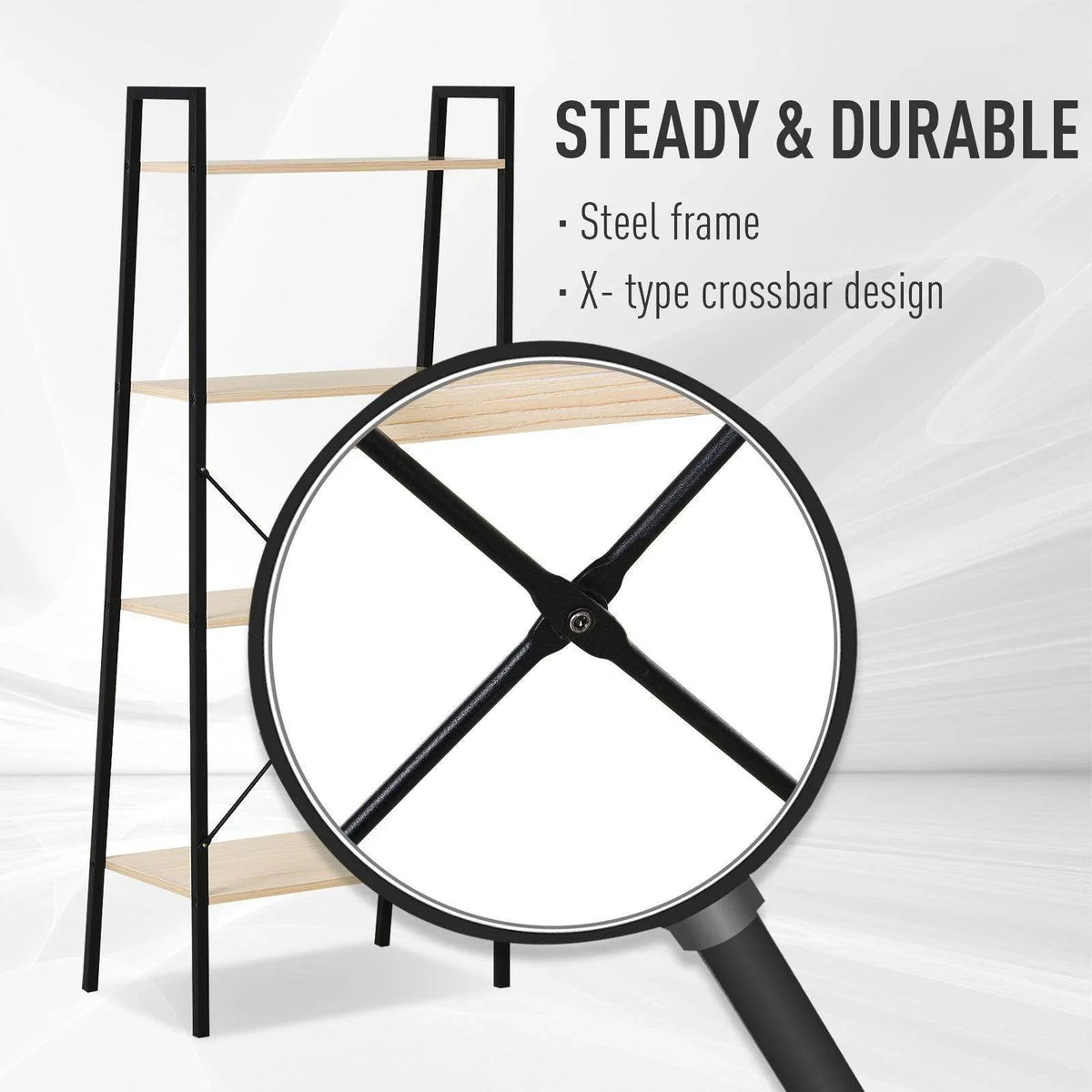 Black 4-tier ladder shelf with X-crossbar support and steel frame look.