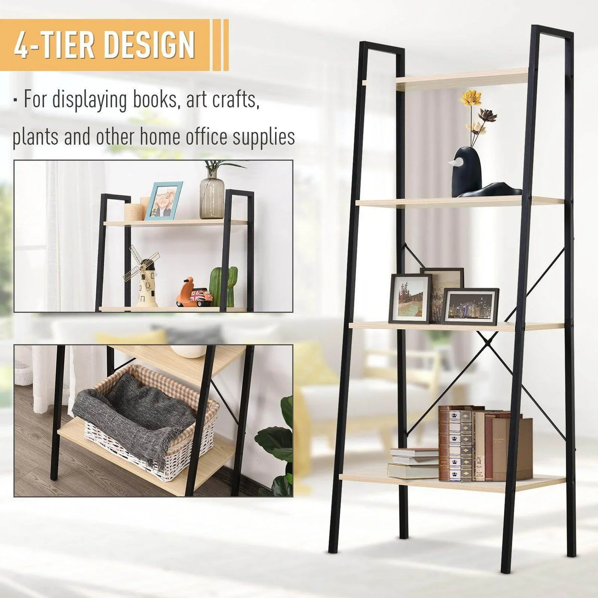 Black 4-tier ladder shelf for books, plants, and decor with open shelves.