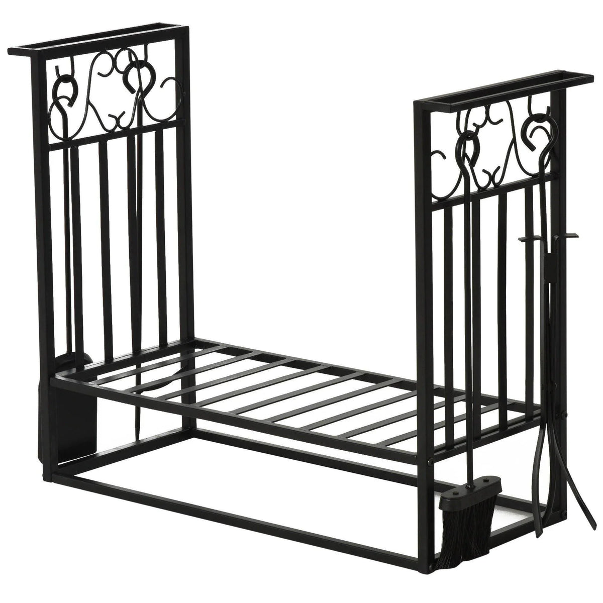 Black vintage-style firewood log rack with decorative scroll side panels and raised base.