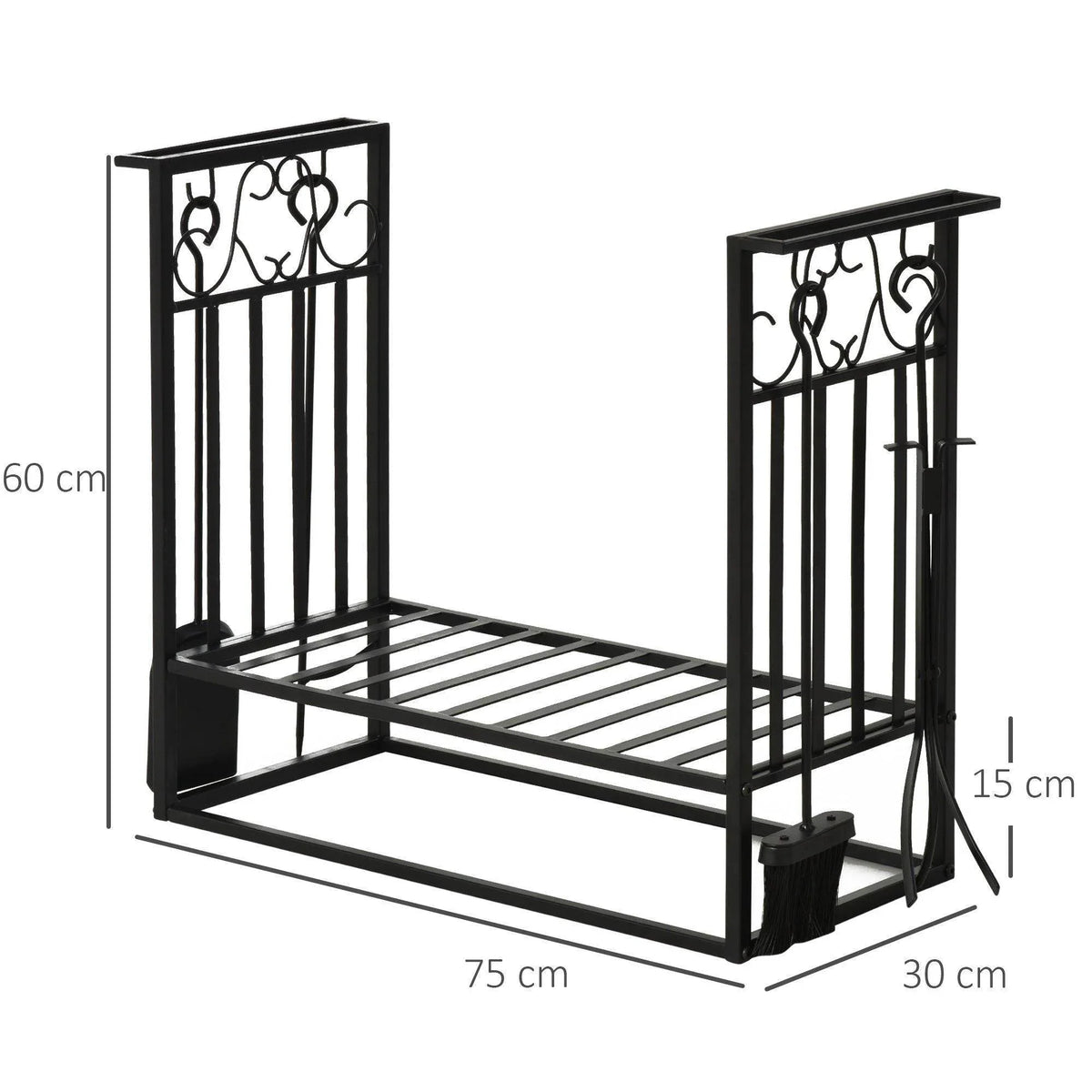 Black firewood log rack with open grate, decorative top grille, and side tools holder.