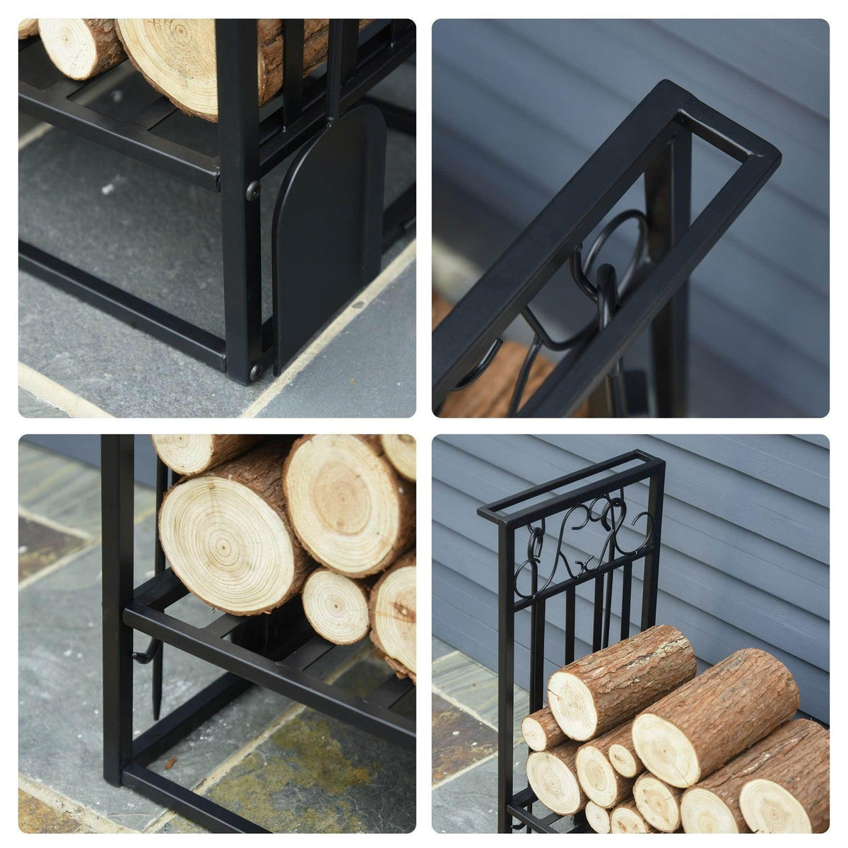 Firewood log rack corner detail with sturdy legs and black support frame.