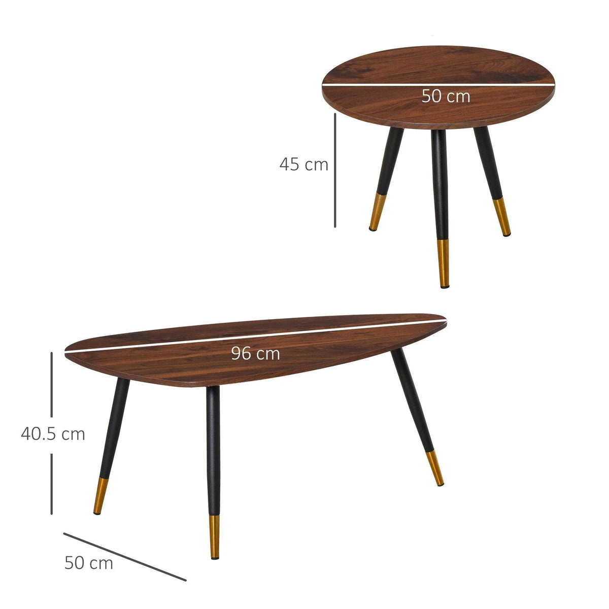 Two round coffee tables with dark wood finish, black legs, and gold-tipped feet; sizes shown
