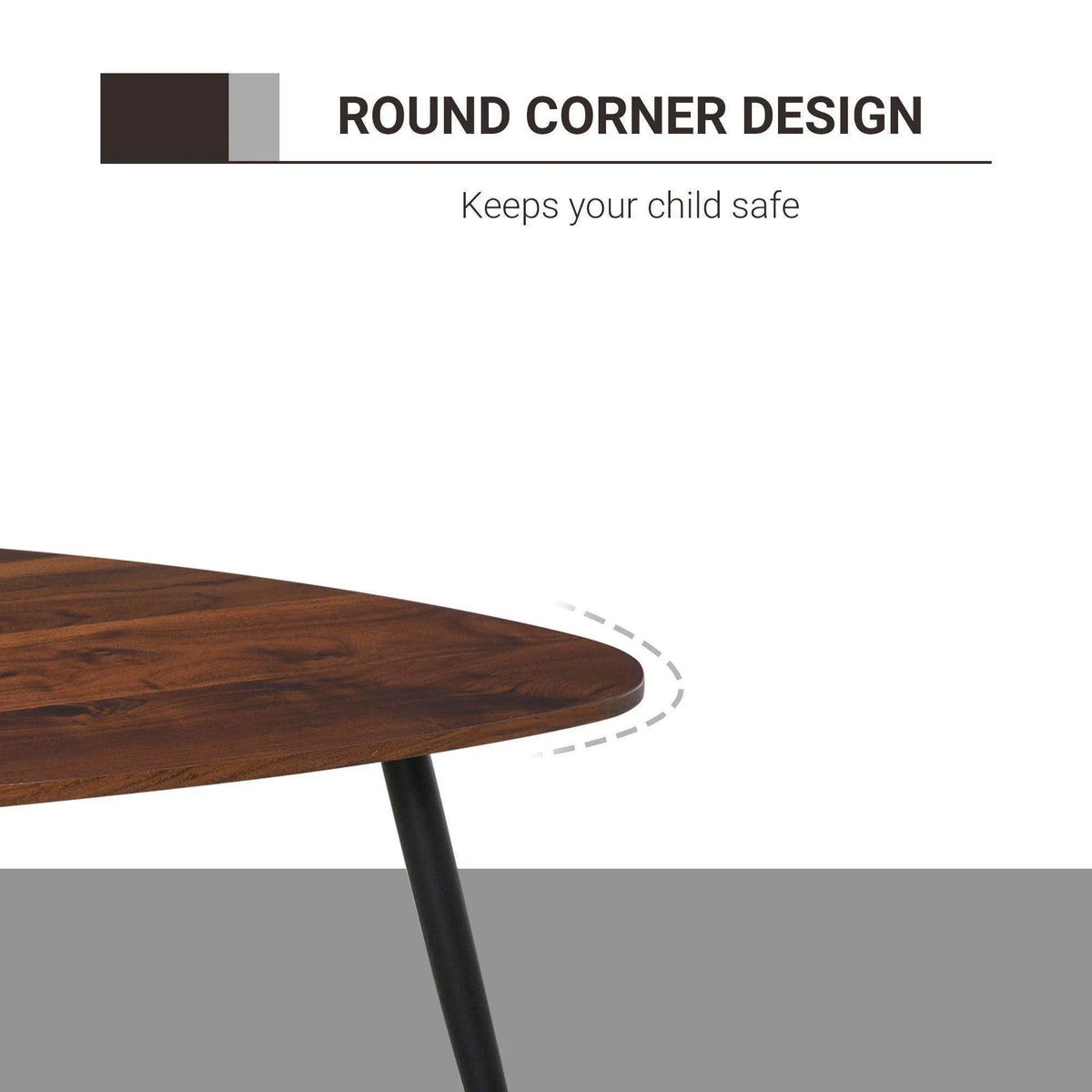 Round coffee table corner detail with smooth curved edge and dark wood finish