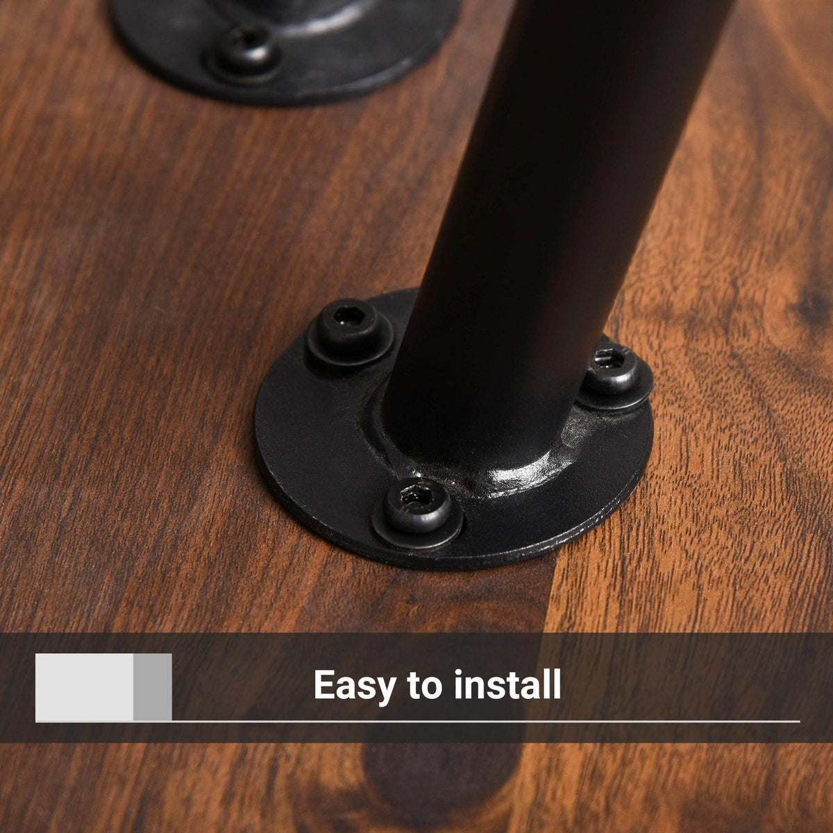 Coffee table leg base with black metal support and dark wood tabletop edge