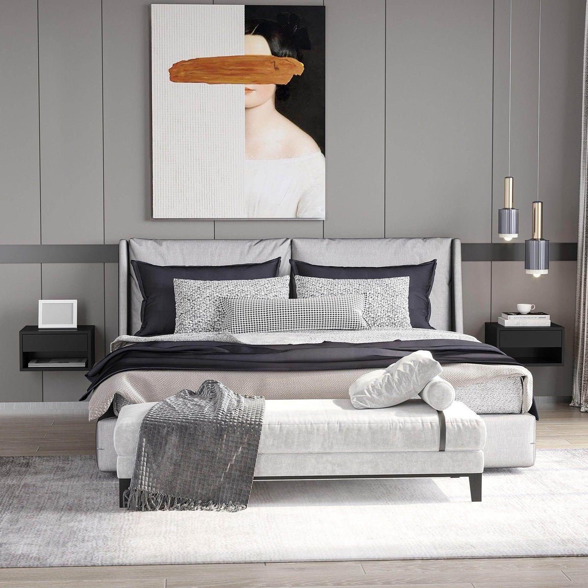 Glossy black bedside table with drawer and open shelf, placed beside a bed