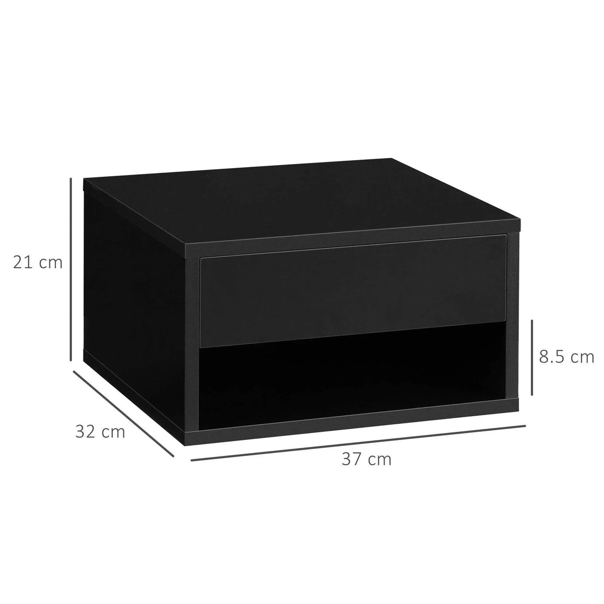 Rectangular glossy black bedside table with drawer and open shelf