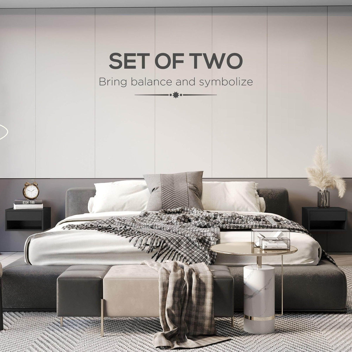 Set of two glossy black bedside tables with drawers and open shelves