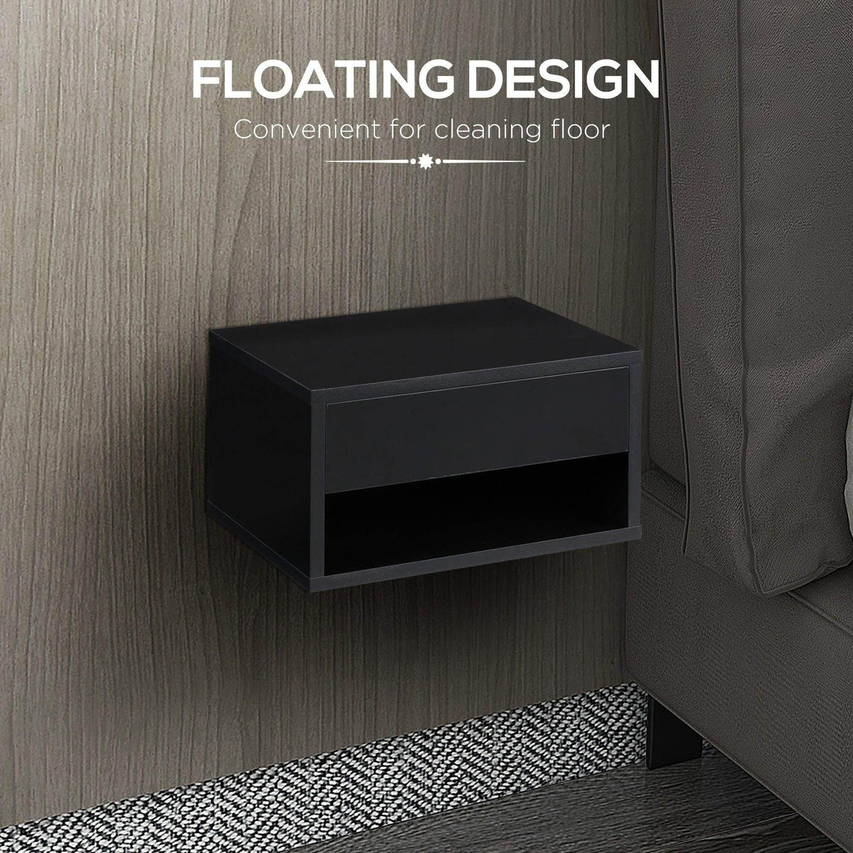 Glossy black floating-style wall bedside table with open shelf