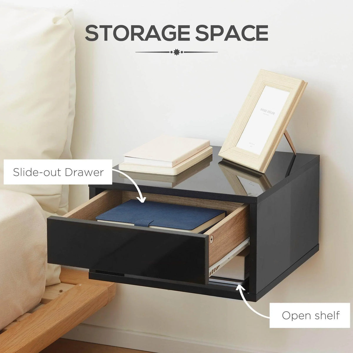 Glossy black bedside table with slide-out drawer and open shelf compartment