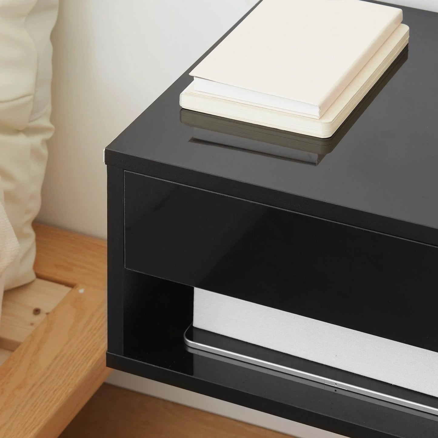 HOMCOM Wall Mounted Bedside Table with Drawer & Shelf - Gloss Black - ALL4U RETAILER LTD