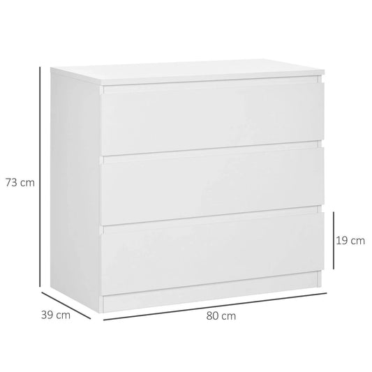 White 3-drawer chest dresser, front view with three stacked drawers and dimensions