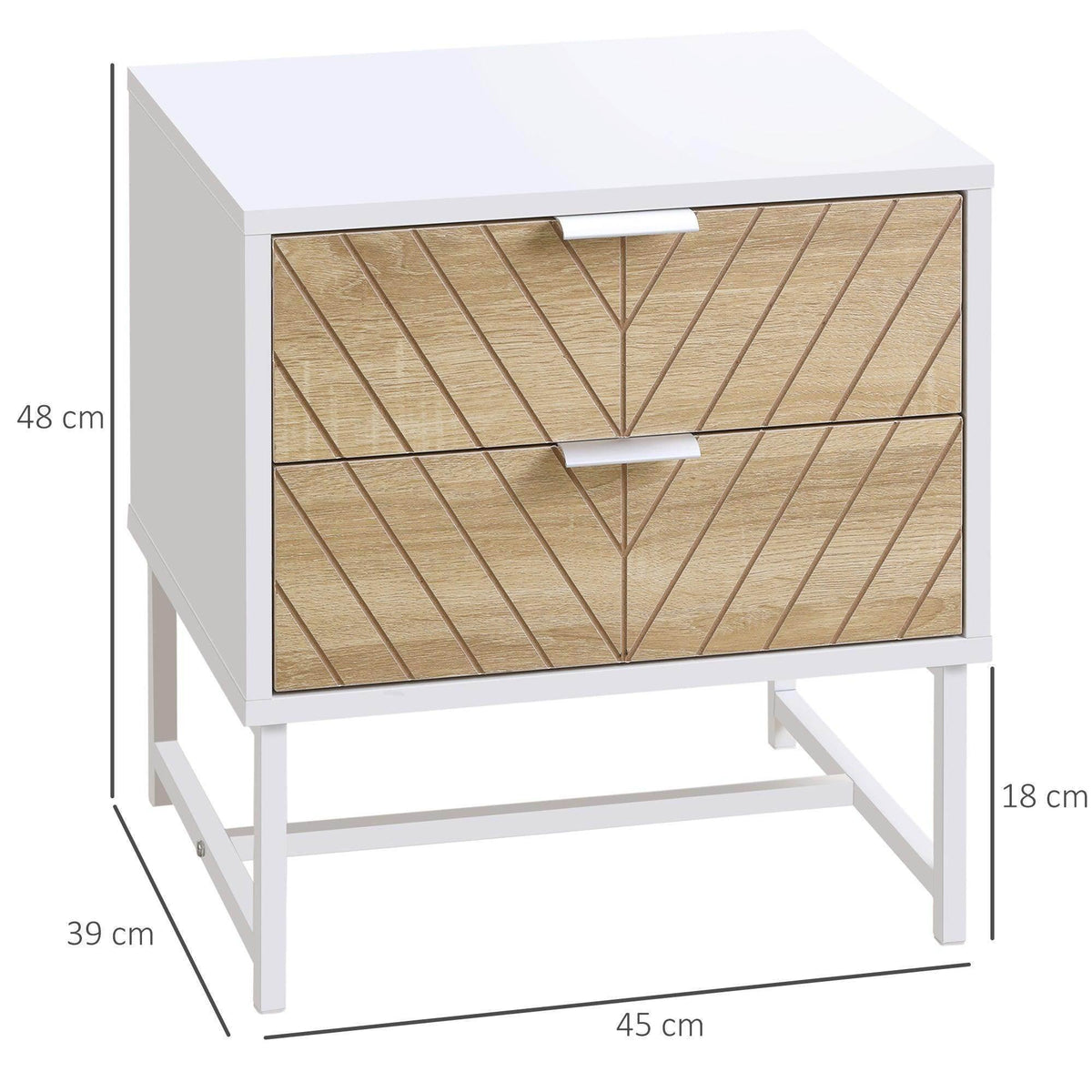 White bedside table with two drawers, gold-toned chevron-pattern front panels, metal frame