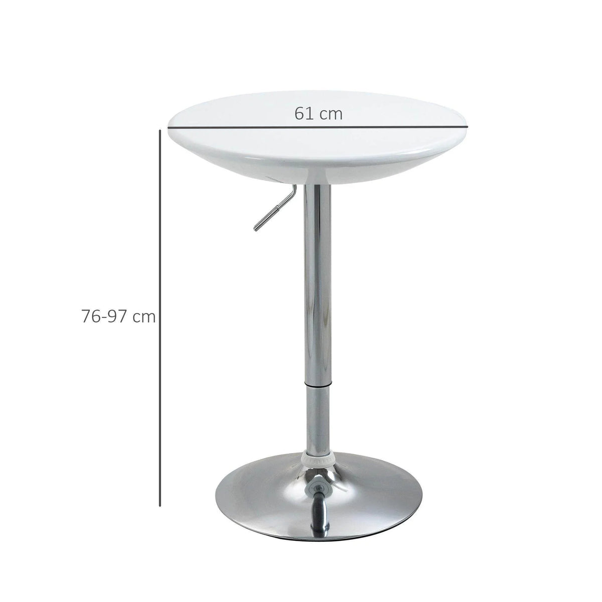 White round bar table with chrome column; height 76–97 cm and 61 cm tabletop.