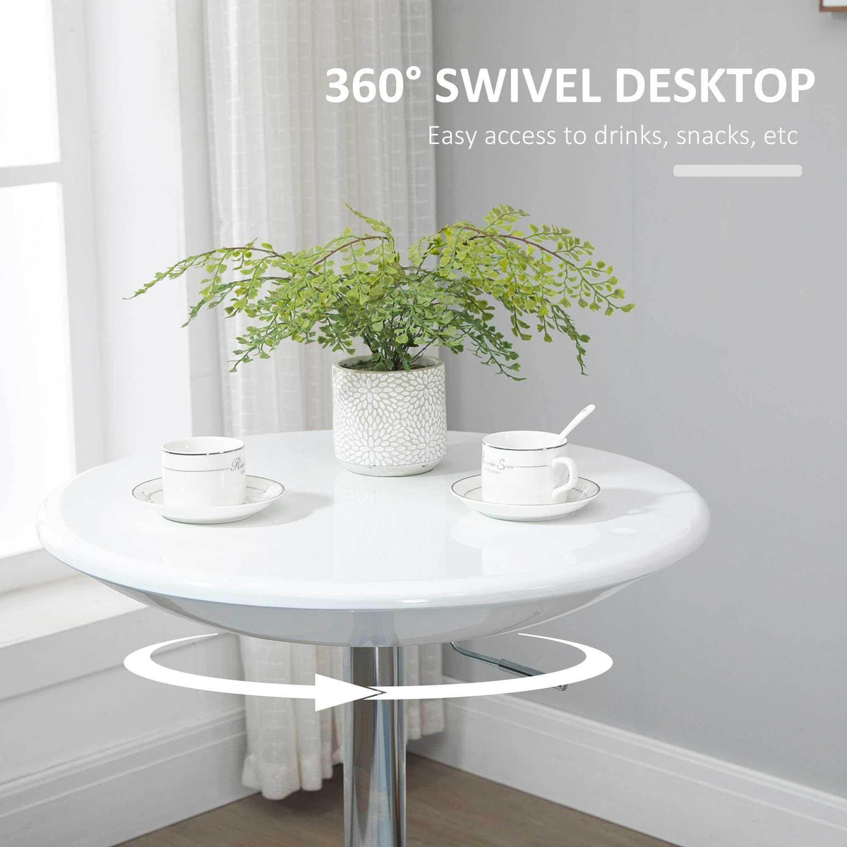 White round bar table with pedestal base, swivel top for drinks and snacks.
