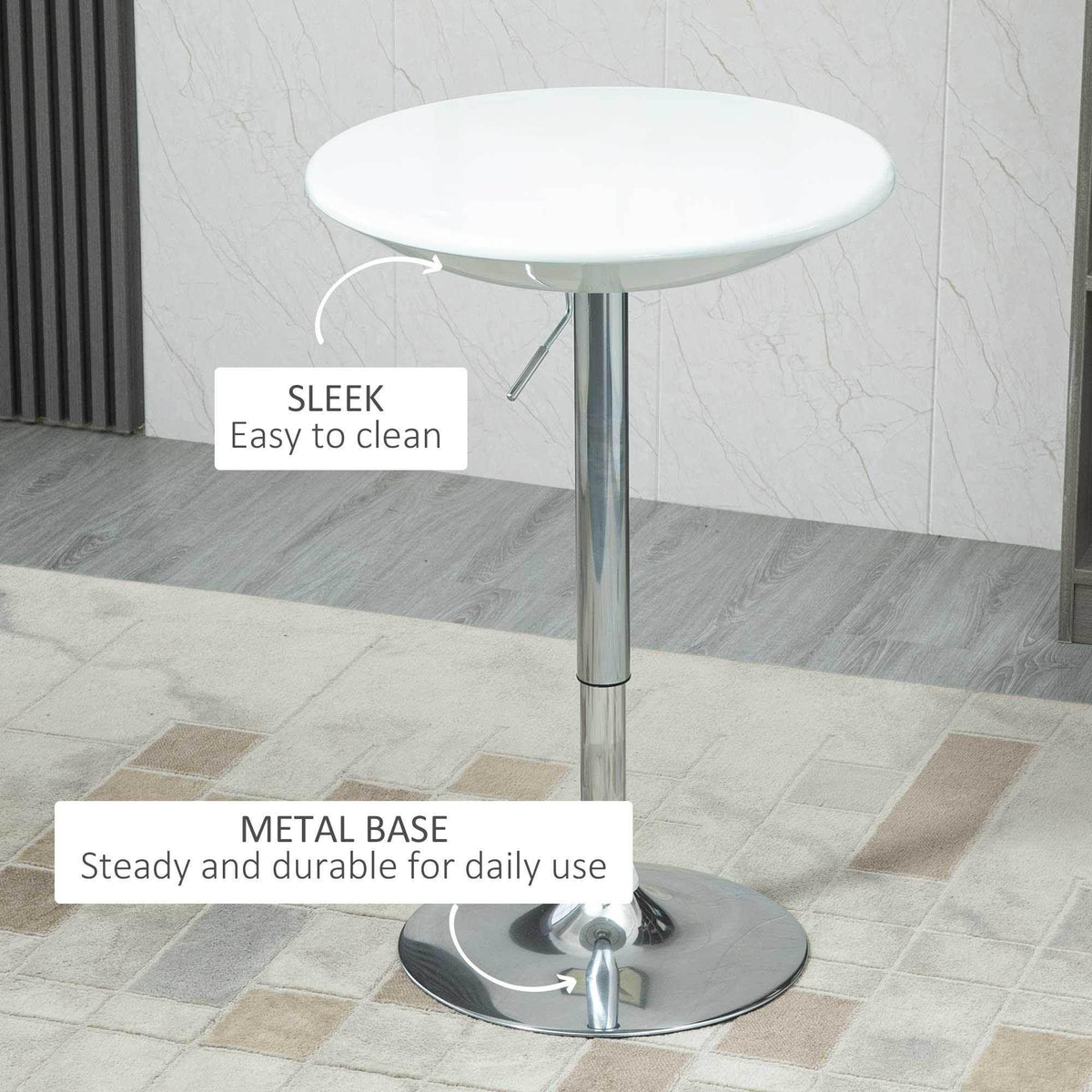 White round tabletop with chrome metal base and wide circular foot for stability.