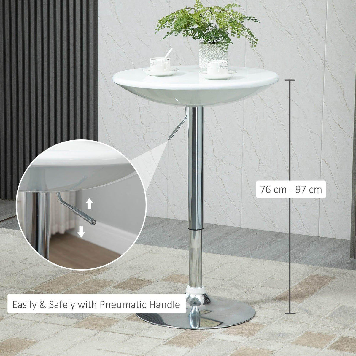 Adjustable white round bar table with chrome pedestal base and pneumatic height range.