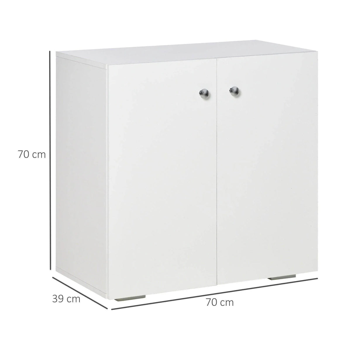 White freestanding cabinet with two front doors and metal knobs, two-shelf storage