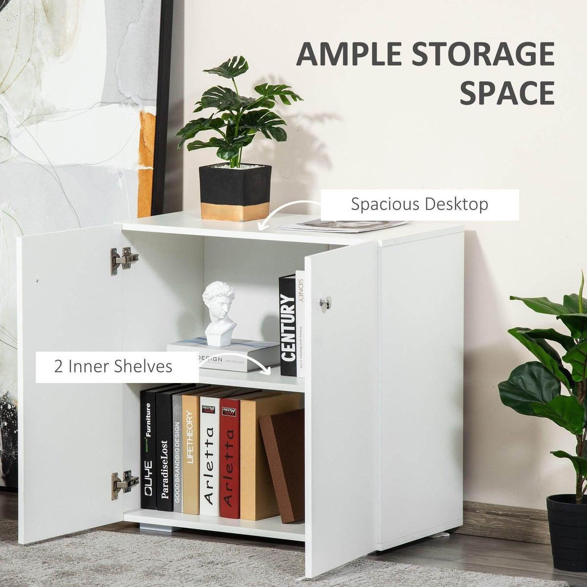 White storage cabinet with doors open, showing two interior shelves and metal hinges