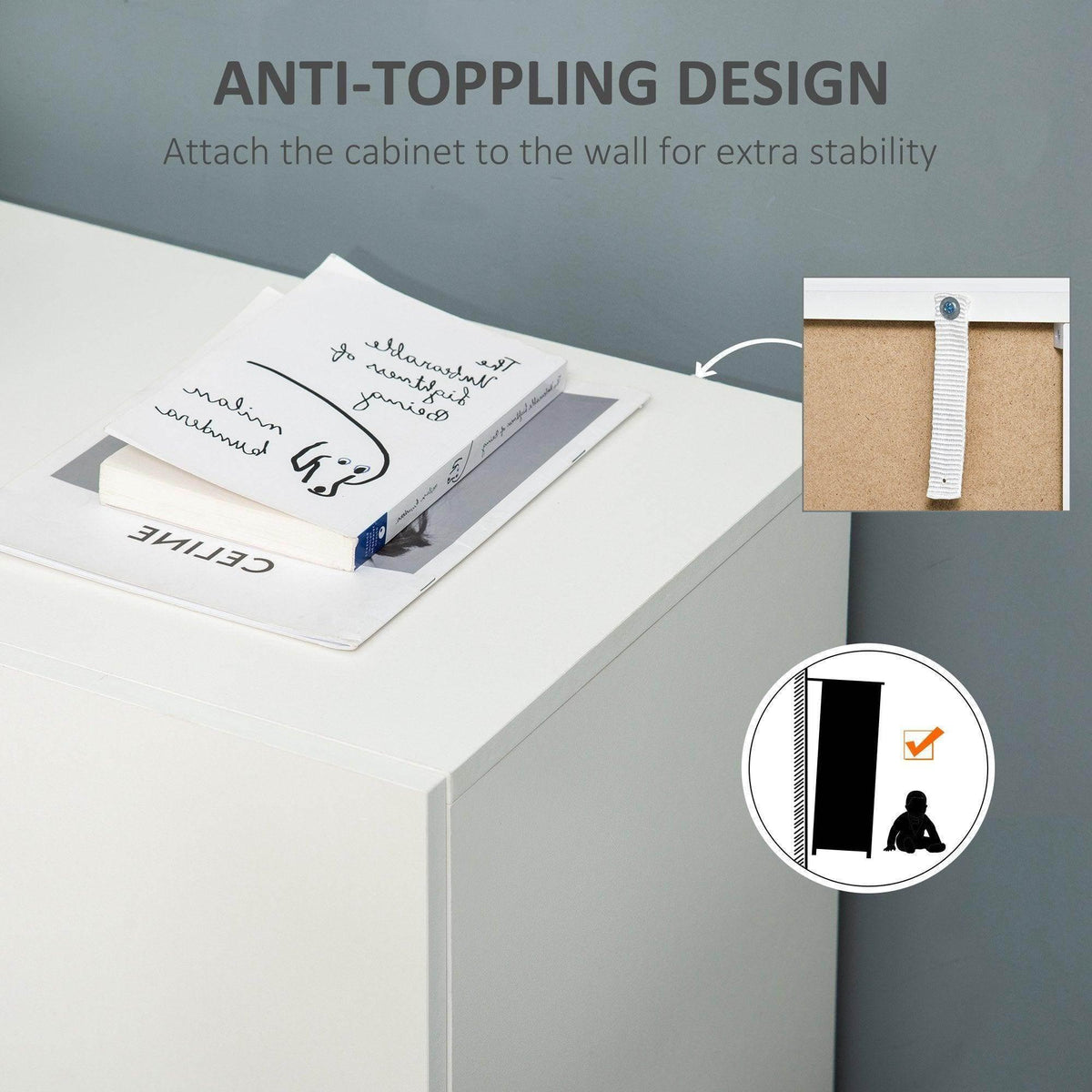 White cabinet with anti-tip wall strap at the top, freestanding storage