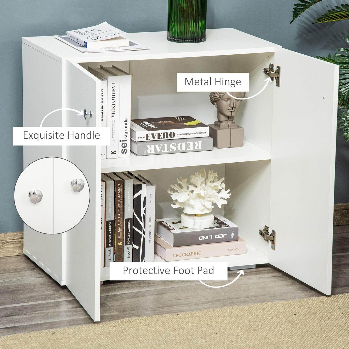 White cabinet open with two shelves, metal hinges, and protective foot pads