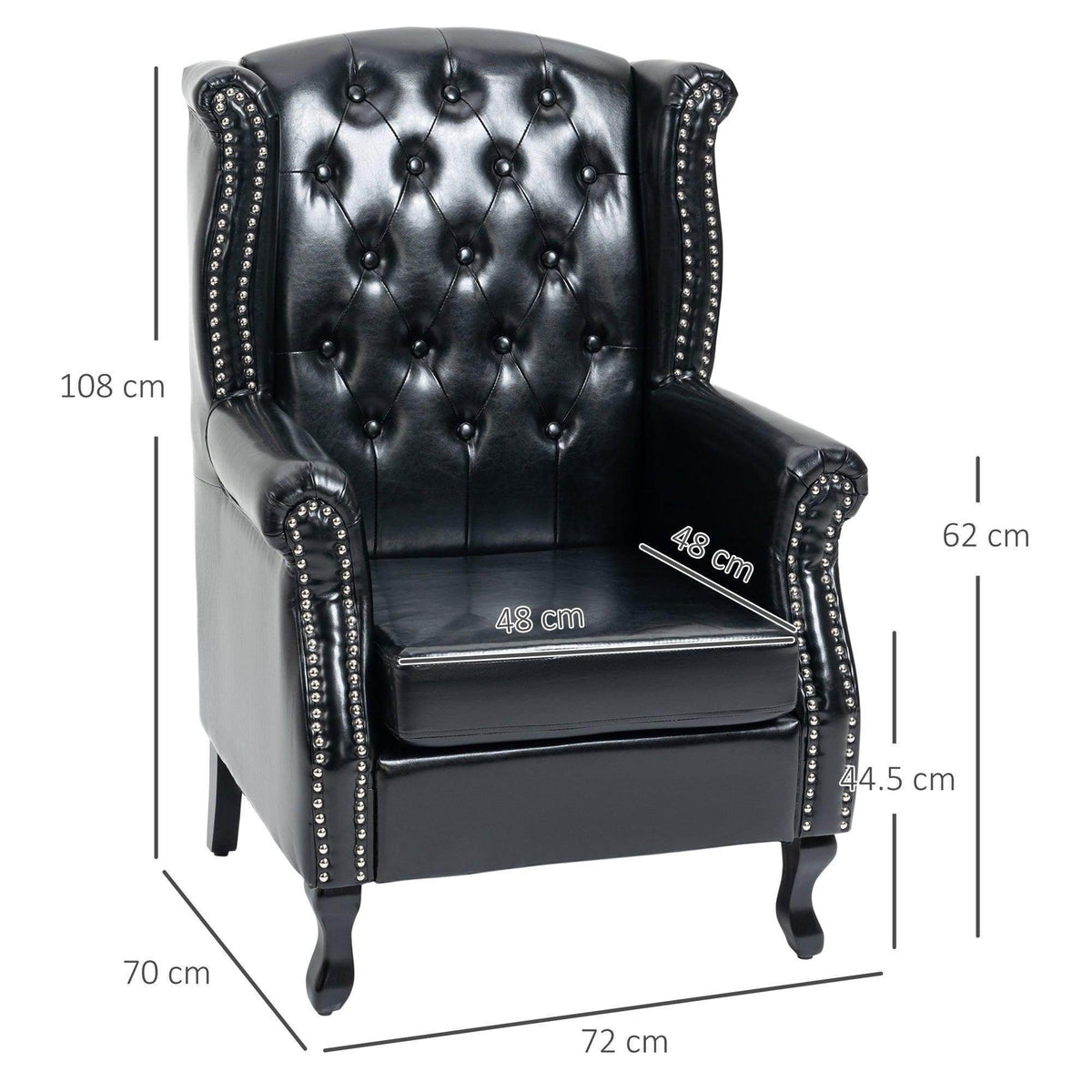 Black wingback armchair with deep button tufting, nailhead trim, and cushioned seat
