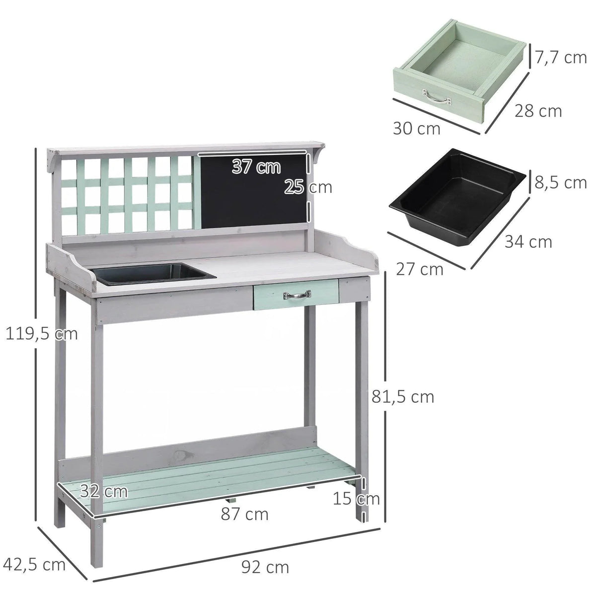 White potting table with sink, two open compartments, and lower shelf