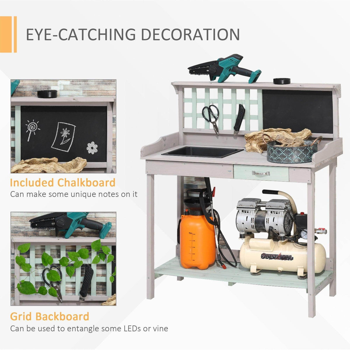 White potting table with chalkboard back panel, sink, and tool storage shelves