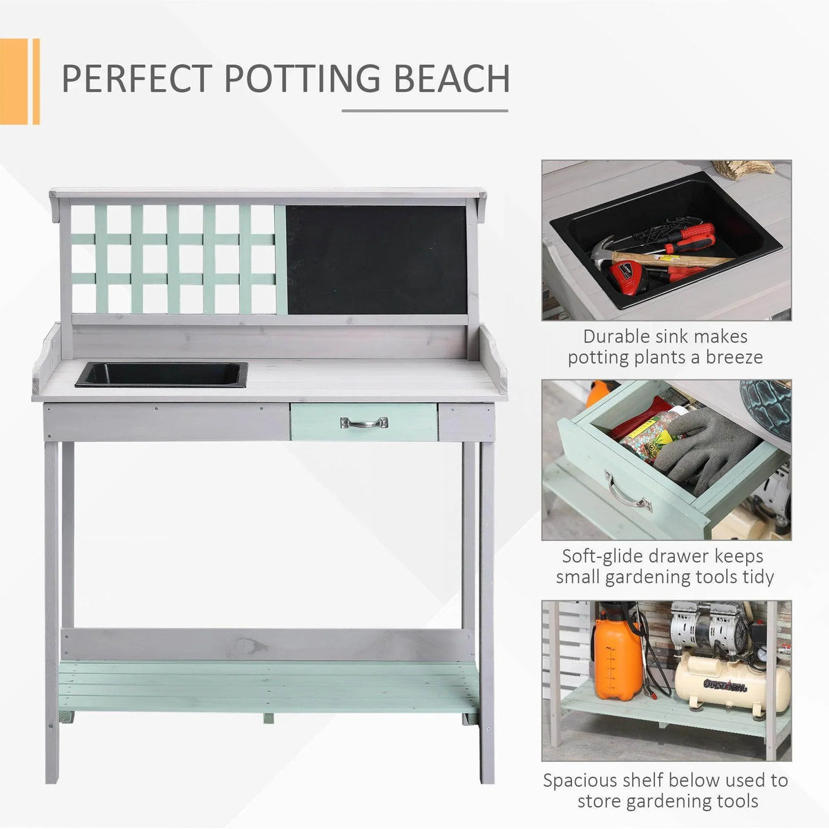 White potting table with sink opening, sliding drawer, and lower storage shelf