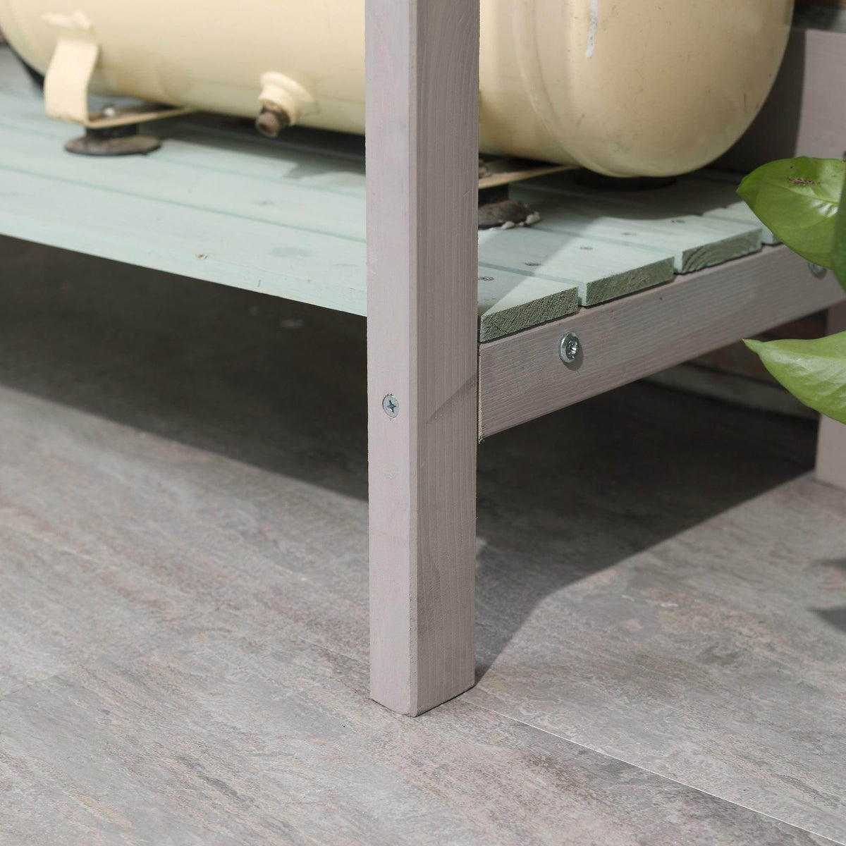 White potting table leg and drawer frame with metal corner hardware