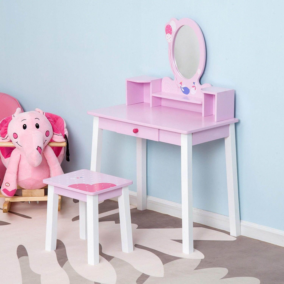 Kids vanity table and stool set with oval mirror, pink and white finish