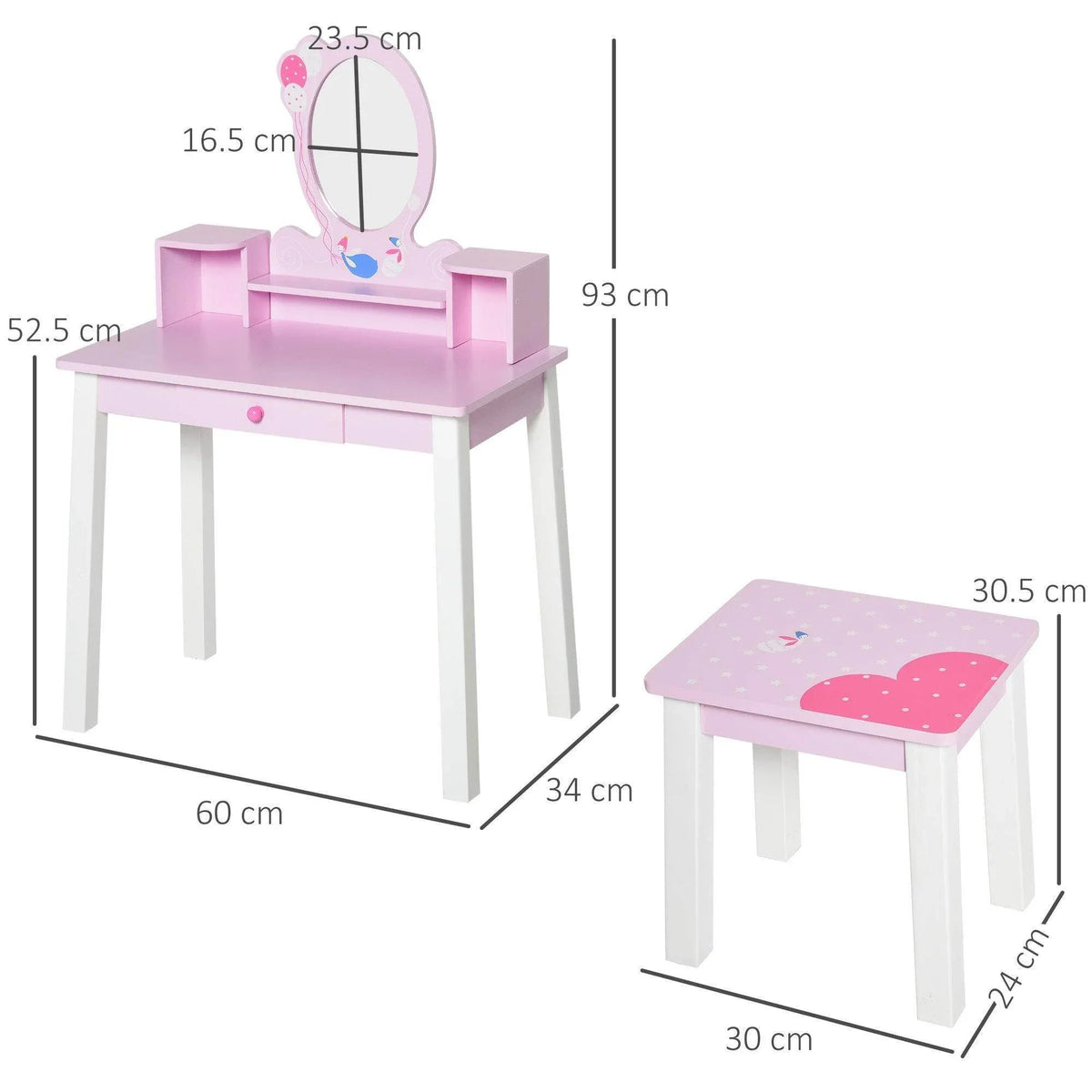 Kids vanity table with oval mirror and matching stool, pink top and white legs