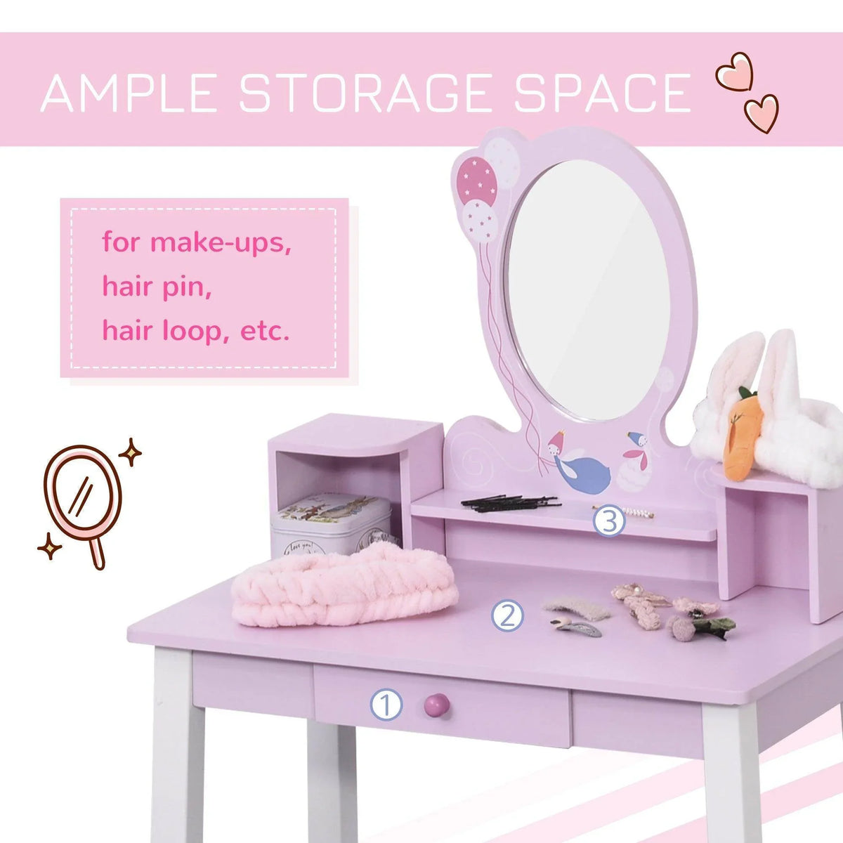 Kids vanity table with oval mirror, open shelves, and front drawer; pink and white