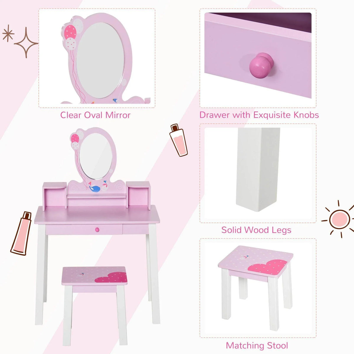 Kids vanity table set showing oval mirror, knob drawer, and matching stool; pink and white