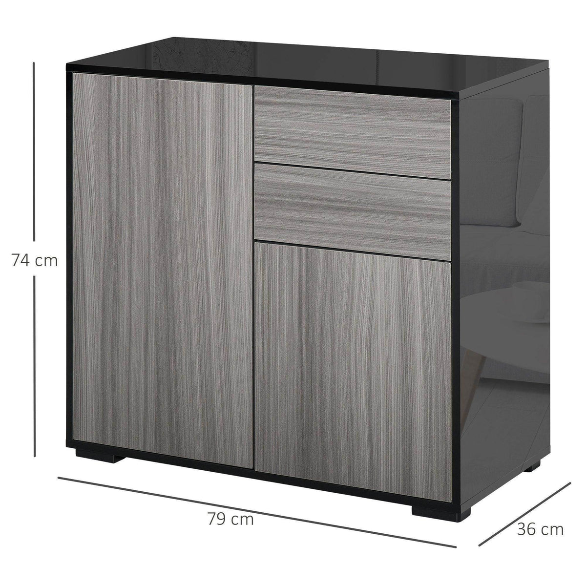 Light grey and black cabinet with 2 doors and 2 drawers, black base feet.