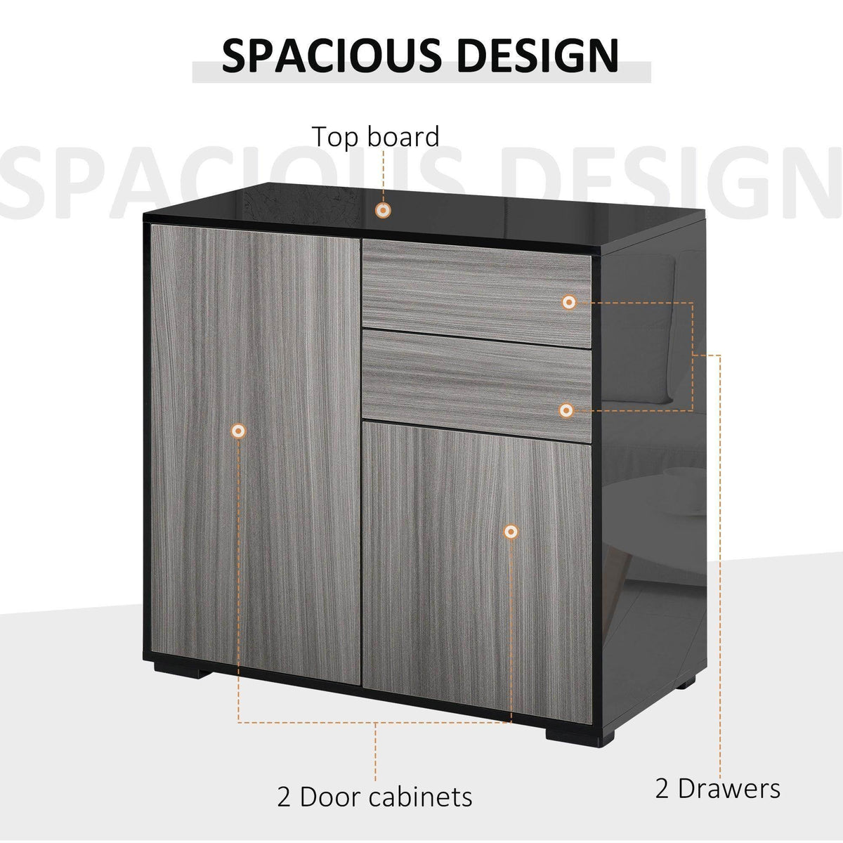 Light grey and black cabinet with two doors and two drawers; interior access view.