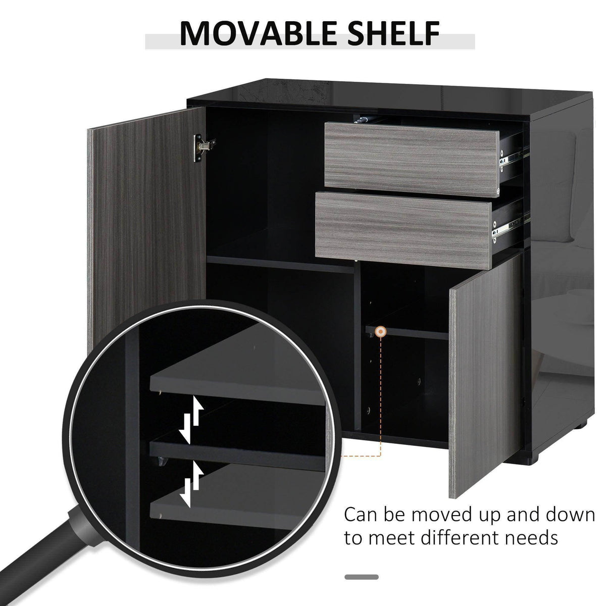Light grey and black cabinet with open interior and movable shelf inside.