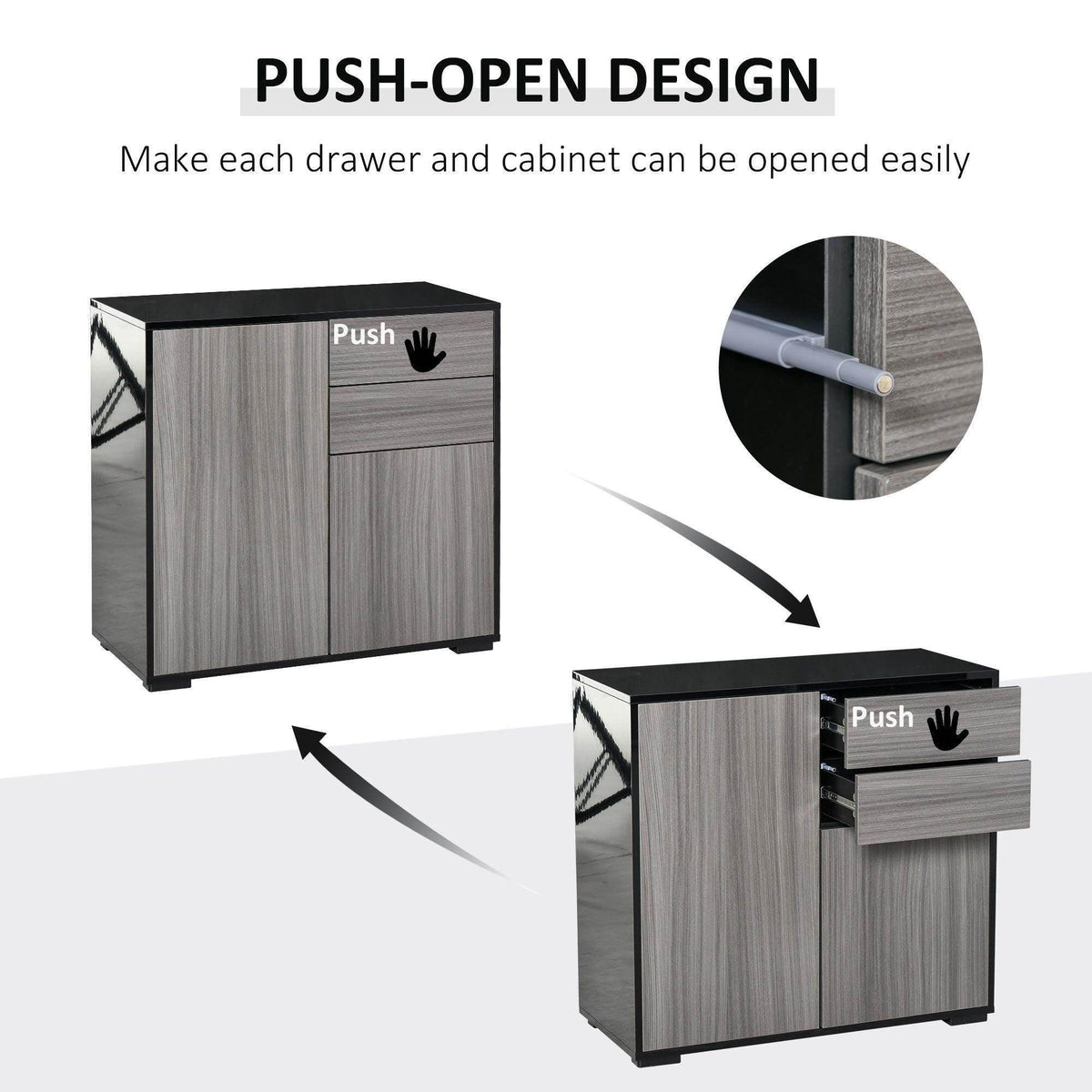 Light grey and black cabinet with push-open drawer front and smooth door panels.