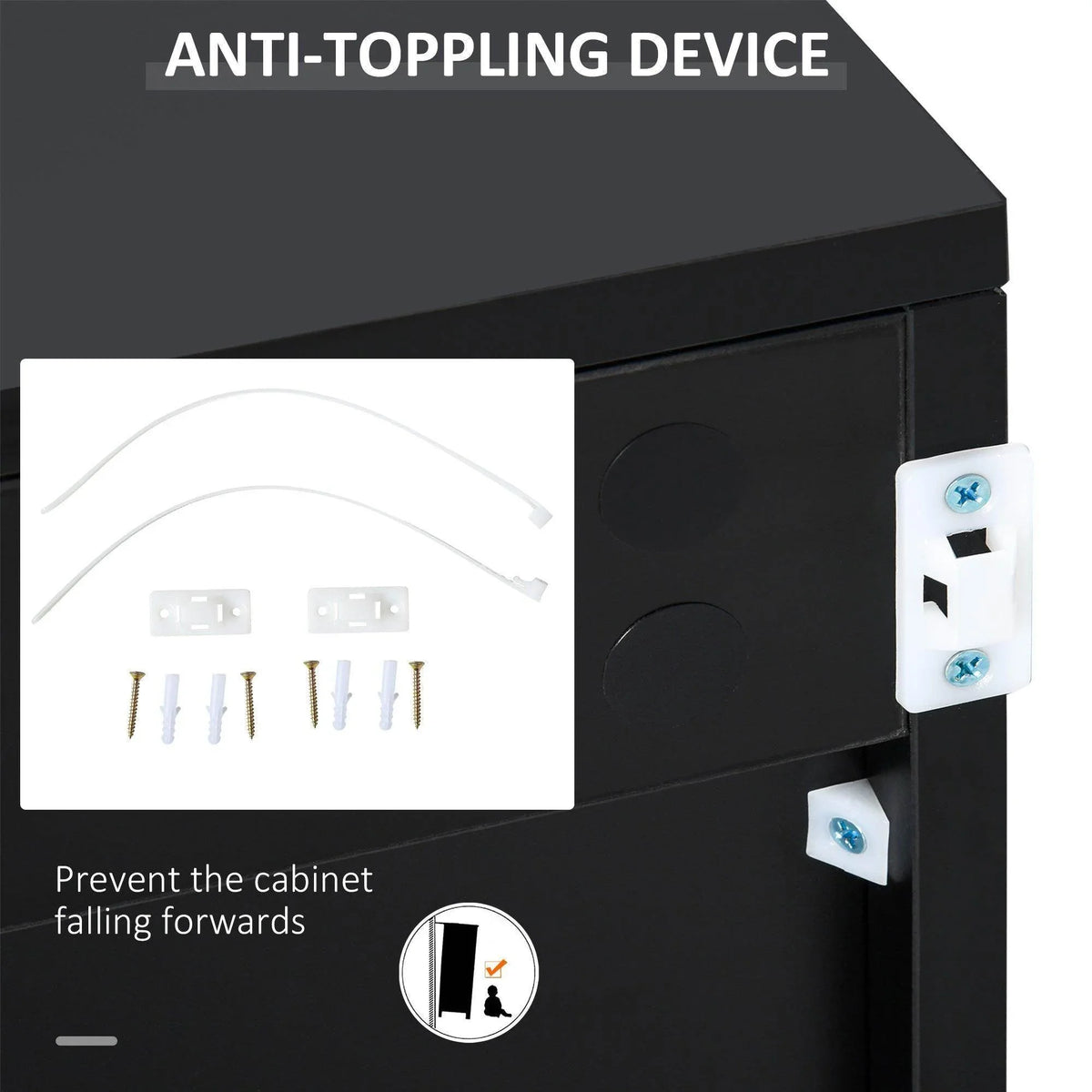 Light grey and black cabinet with anti-tipping bracket hardware on the corner.