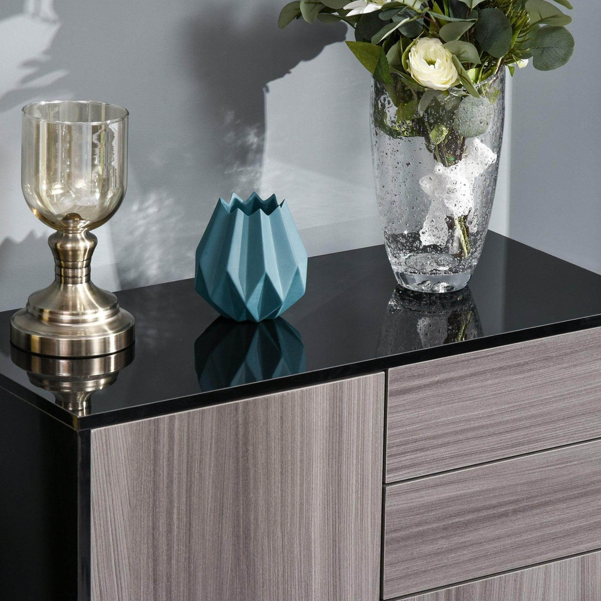 Light grey and black cabinet front with 2 doors and 2 drawers, textured finish.
