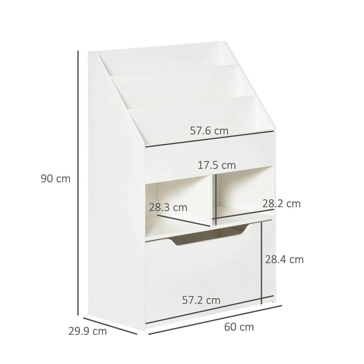 White kids bookshelf toy box with drawer, 3-tier open shelves with size diagram.