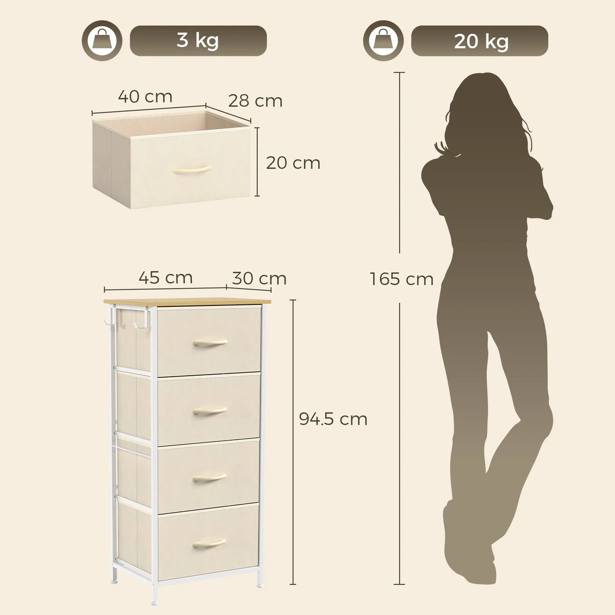 Beige fabric chest of drawers dimensions and capacity diagram, four drawers