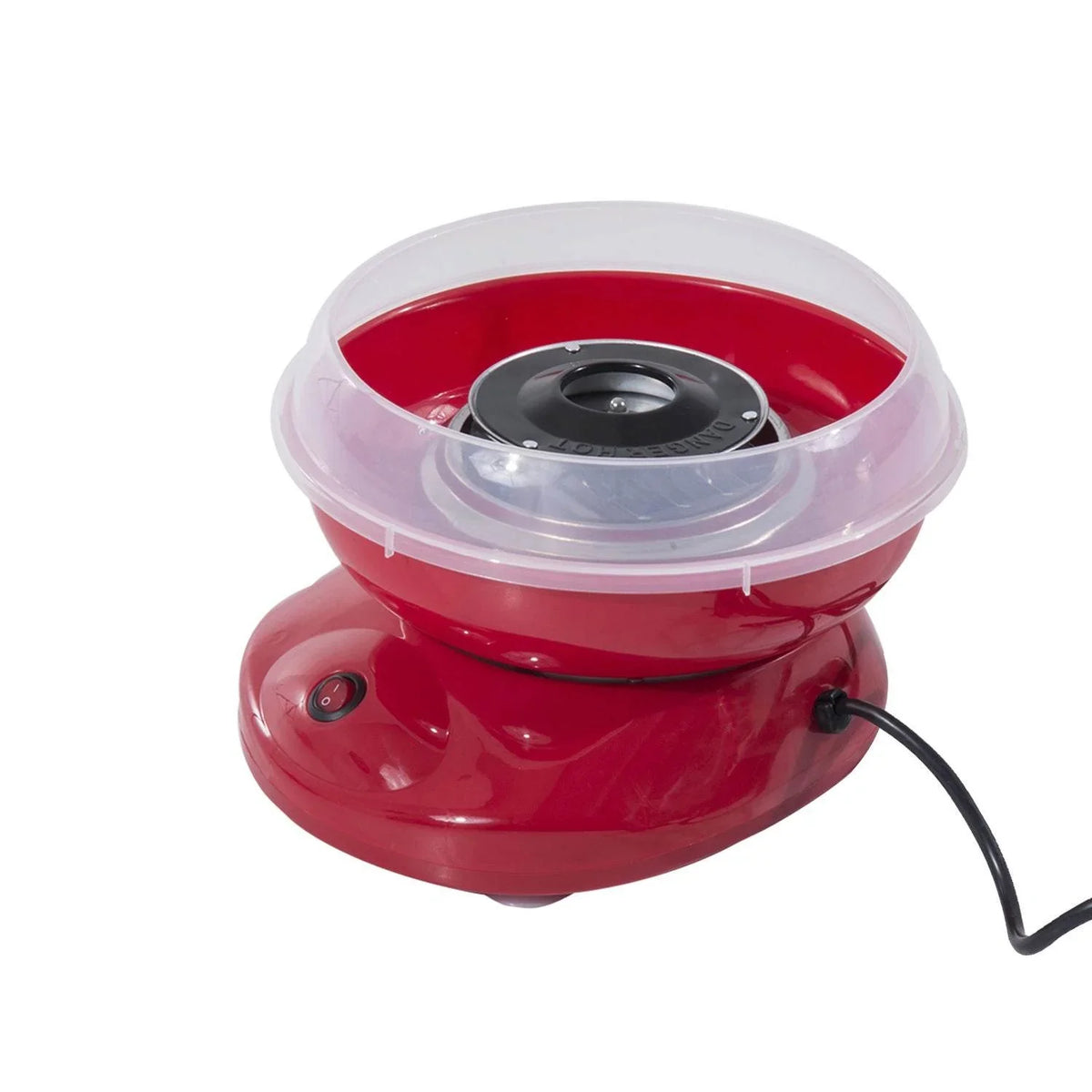 Red electric cotton candy maker with clear bowl and black spinning head