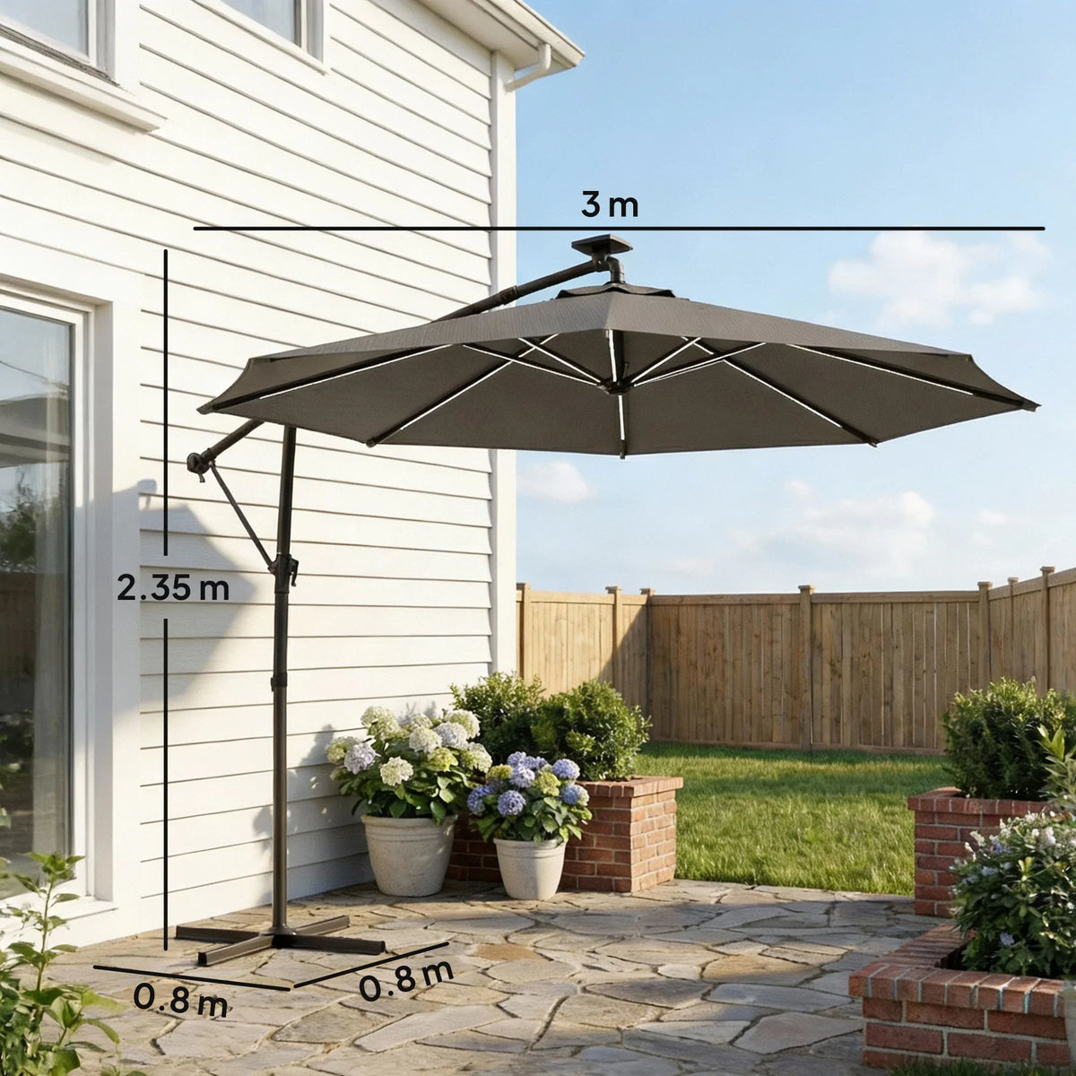 Grey cantilever parasol with round 3 m canopy over a patio, adjustable support pole