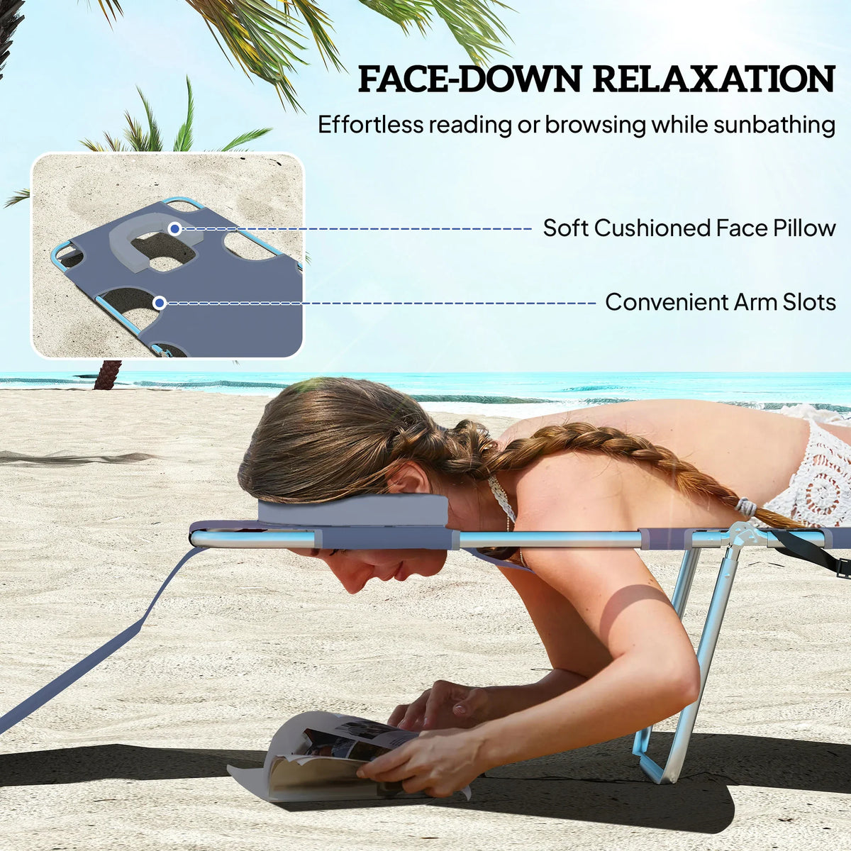 Grey sun lounger with cushioned face pillow and arm slots for reading, steel frame