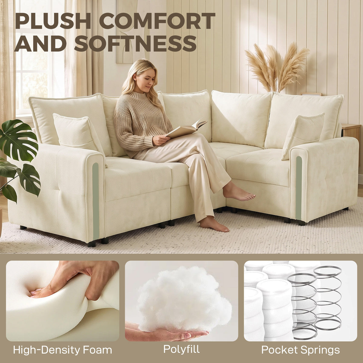 Beige sectional sofa with plush cushions and tufted armrests