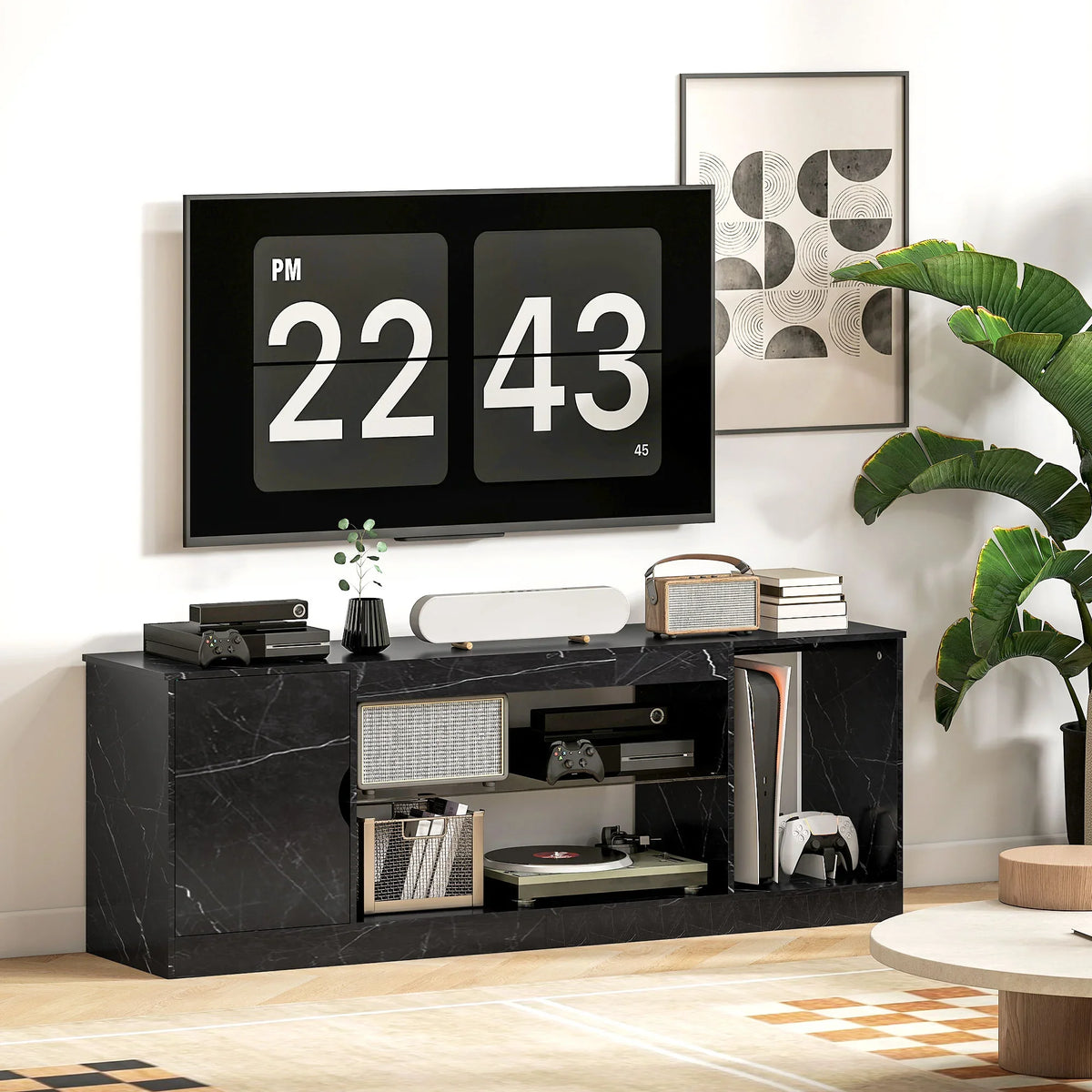 Black marble-effect TV stand cabinet with open shelves and multiple storage compartments
