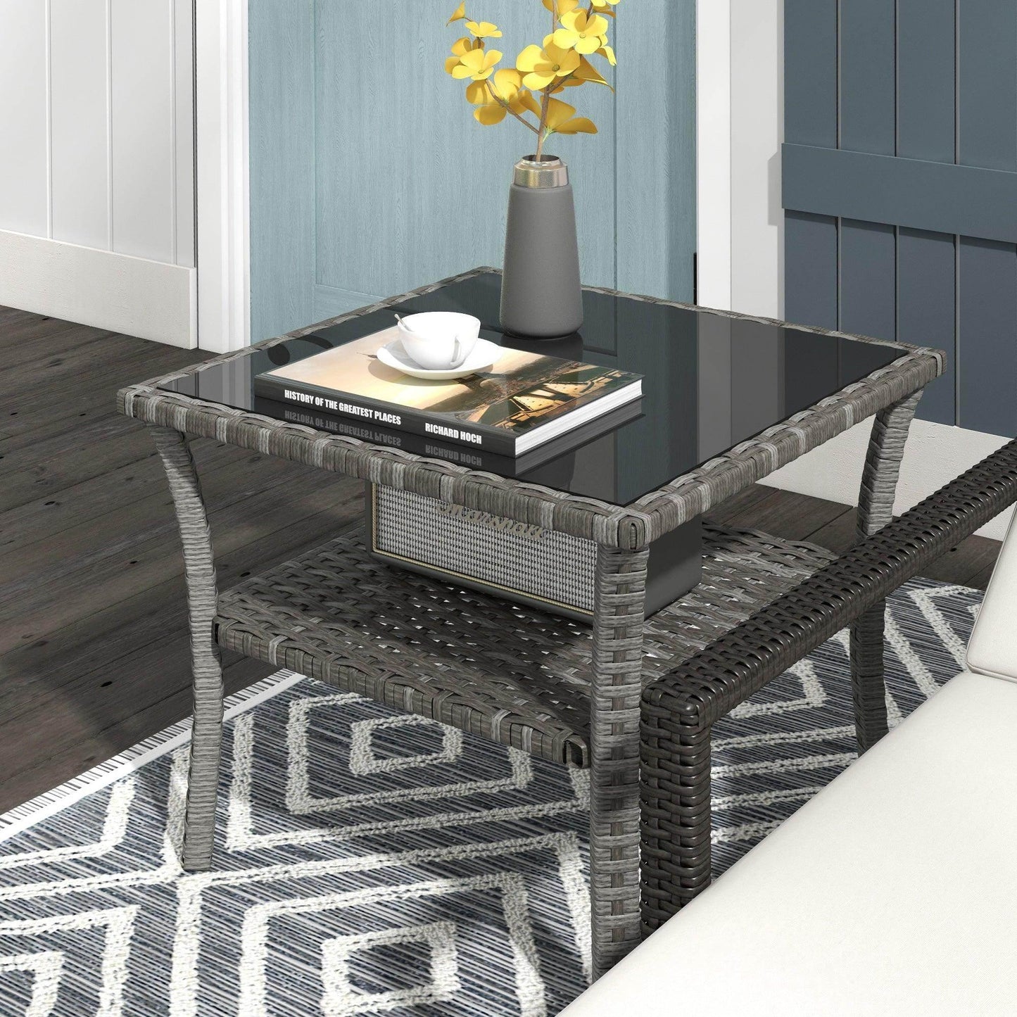 Outsunny 50cm Outdoor PE Rattan Coffee Table, Patio Wicker Two-tier Side Table with Glass Top, for Patio, Garden, Balcony, Grey - ALL4U RETAILER LTD