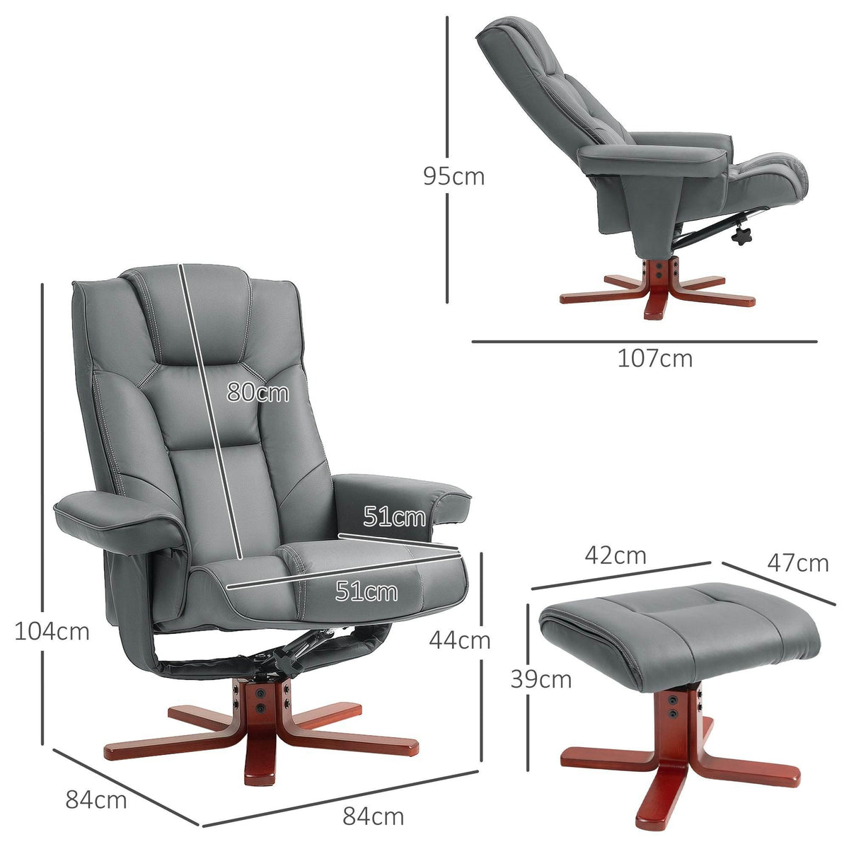 Gray reclining chair and ottoman set with red-brown cross base, side and front views